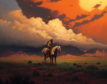 Desert rider. Original oil artwork. Cowboy western painting. Digital art Print. Poster. Gothic Home Decor.