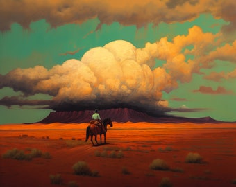 The lost rider VII. Original oil artwork. Cowboy western painting. Digital art Print. Poster. Gothic Home Decor.