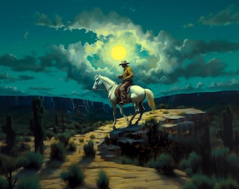 The lone rangers Moonlight. Original oil artwork. Cowboy western painting. Digital art Print. Poster. Gothic Home Decor.