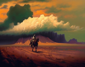 The storm rider. Original oil artwork. Cowboy western painting. Digital art Print. Poster. Gothic Home Decor.