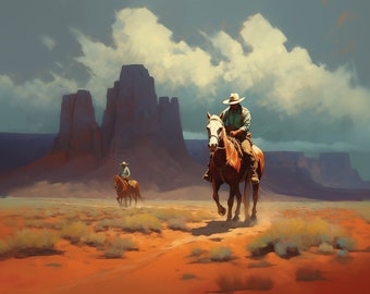 The desert riders. Original oil artwork. Digital download. Cowboy western painting. Digital art Print. Poster. Gothic Home Decor.