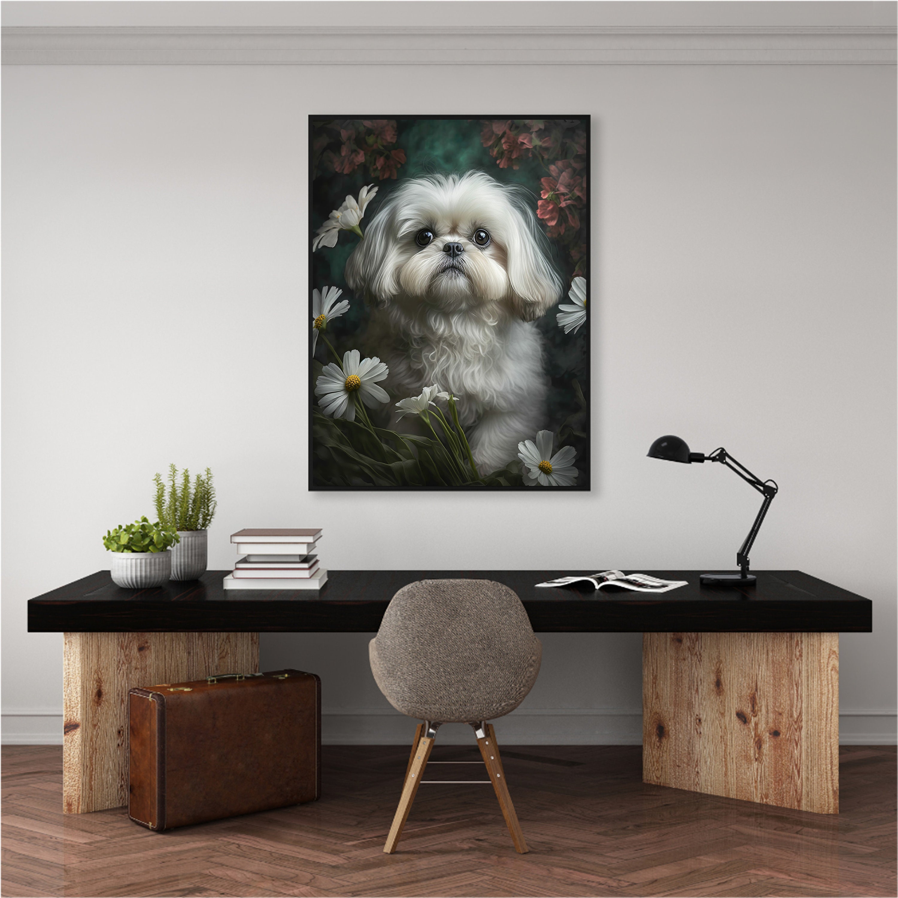 Cute White Shih Tzu Puppy Dog With Daisy Flowers, Floral Digital ...