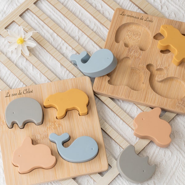 Jouet Montessori personnalisé / Jouet puzzle silicone et bois / Puzzle animaux pour enfant / Jeu éducatif et éveil / cadeau Personnalisé