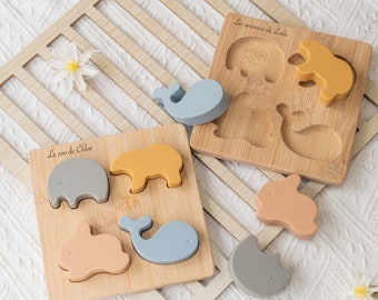 Personalized Montessori toy / Silicone and wood puzzle toy / Animal puzzle for children / Educational and awakening game / Personalized gift