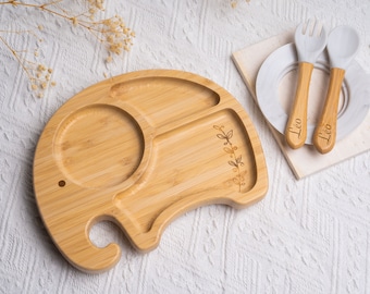 Personalized wooden plate and cutlery for children / Birth, Christmas, baptism gift / My personalized elephant meal set