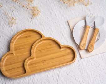 Assiette et couverts en bois pour enfant personnalisés  / Cadeau de naissance, Noël, baptême / Mon set repas nuage personnalisé