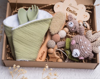 Caja de nacimiento para niña, niño / Regalo ideal para recién nacido / Regalo personalizado para bebé / Sonajero de animales hecho a mano / baby show