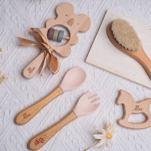 Personalized birth gift box / Baby cutlery, brush and wooden rattle / ideal gift for the newborn image 4