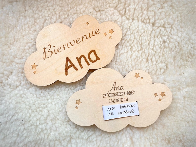 Engraved wooden cloud plaque / Birth souvenir bracelet / birth gift / baby souvenir box image 4