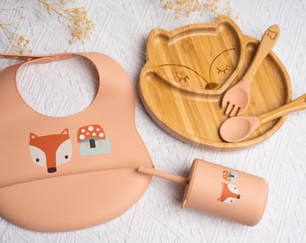 Set repas assiette et couverts pour enfant personnalisé / assiette et couverts en bois / cadeau de naissance / set repas en Renard, Eléphant