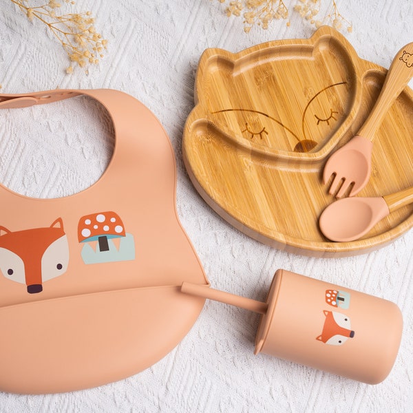 Set repas assiette et couverts pour enfant personnalisé / assiette et couverts en bois / cadeau de naissance / set repas en Renard, Eléphant