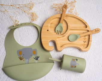 Set repas assiette et couverts pour enfant personnalisé / assiette et couverts en bois / cadeau de naissance / set repas en Renard, Eléphant