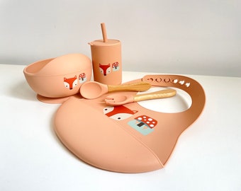 Set repas assiette et couverts pour enfant personnalisé / couvert en bois / cadeau de naissance / assiette silicone bébé / assiette bébé