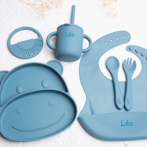 Set repas assiette et couverts pour enfant personnalisé / cadeau de baptêmes / cadeau de naissance / assiette silicone en hippopotame bébé image 1