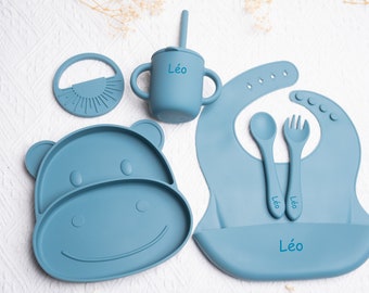 Set repas assiette et couverts pour enfant personnalisé / cadeau de baptêmes / cadeau de naissance / assiette silicone en hippopotame bébé