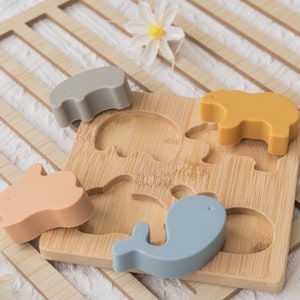 Personalized Montessori toy / Silicone and wood puzzle toy / Animal puzzle for children / Educational and awakening game / Personalized gift image 2