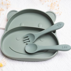 Set repas assiette et couverts pour enfant personnalisé / cadeau de baptêmes / cadeau de naissance / assiette silicone en hippopotame bébé image 4