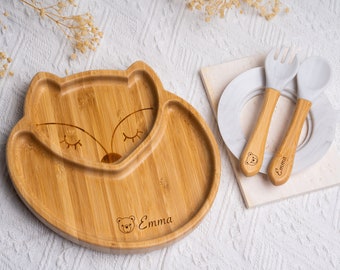 Piatto e posate in legno personalizzate per bambini / Regalo nascita, Natale, battesimo / Il mio set pasto personalizzato volpe