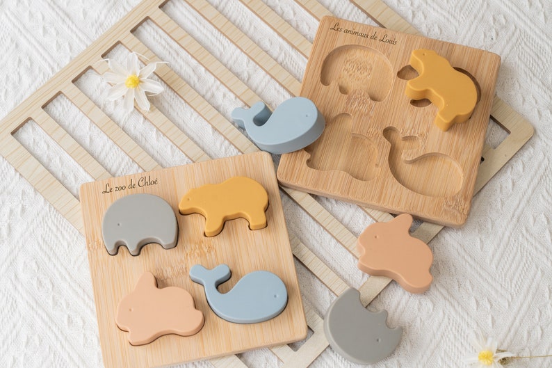 Personalized Montessori toy / Silicone and wood puzzle toy / Animal puzzle for children / Educational and awakening game / Personalized gift image 1