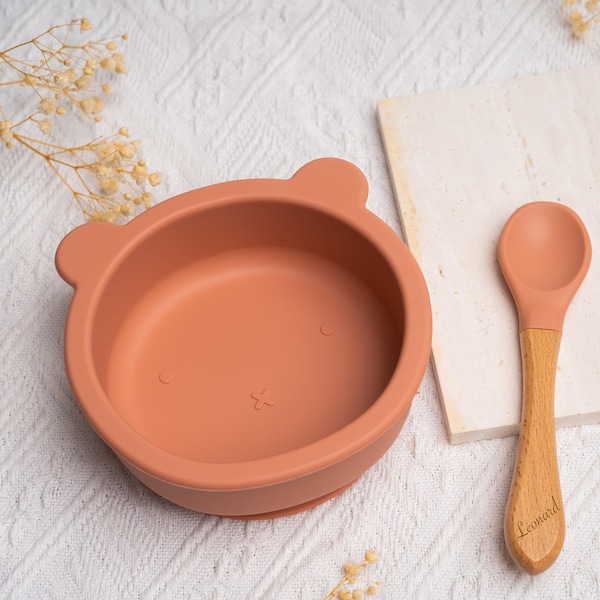 Personalized Bear-shaped bowl and spoon meal set for children / wooden cutlery / gift for birth, birthday, Christmas, baptism