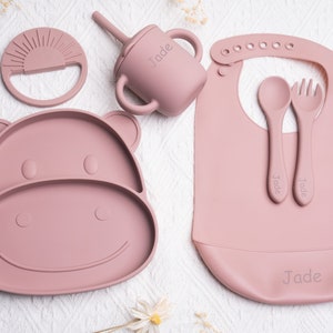 Set repas assiette et couverts pour enfant personnalisé / cadeau de baptêmes / cadeau de naissance / assiette silicone en hippopotame bébé image 7