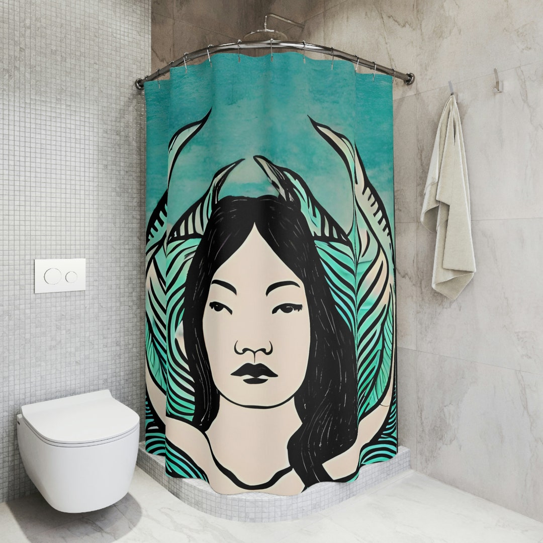 Asian Mermaid Shower Curtain AI Art Design Print, Ocean Art, Modern