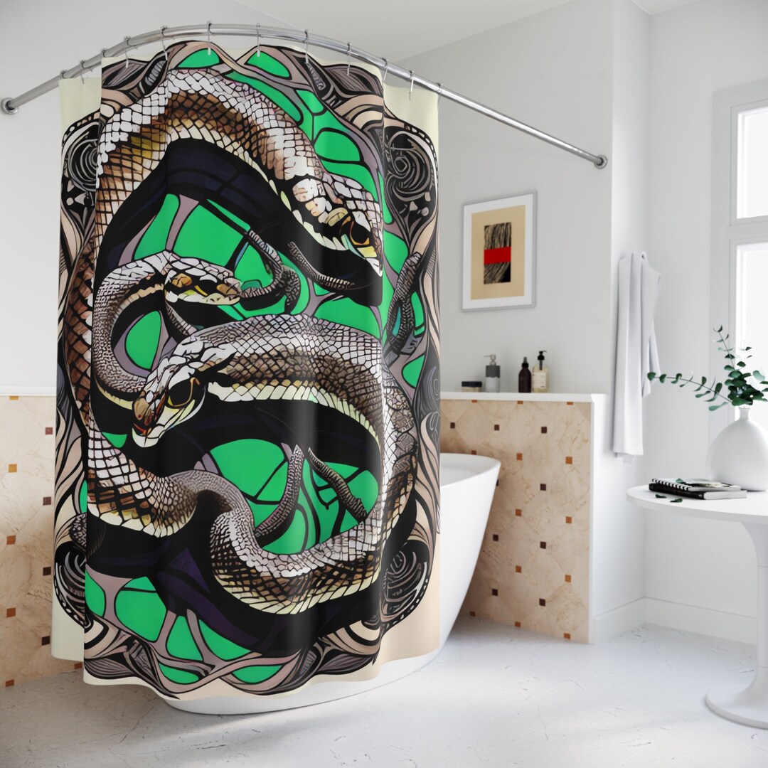 Retro Snakes Shower Curtain AI Art Design Print, Modern Bathroom Decor