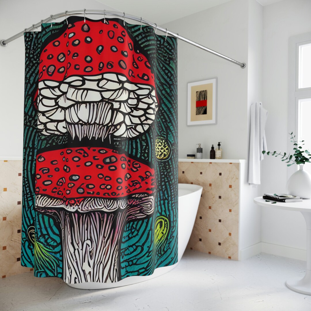 Magic Mushrooms Shower Curtain AI Art Design Print, Botanical Art