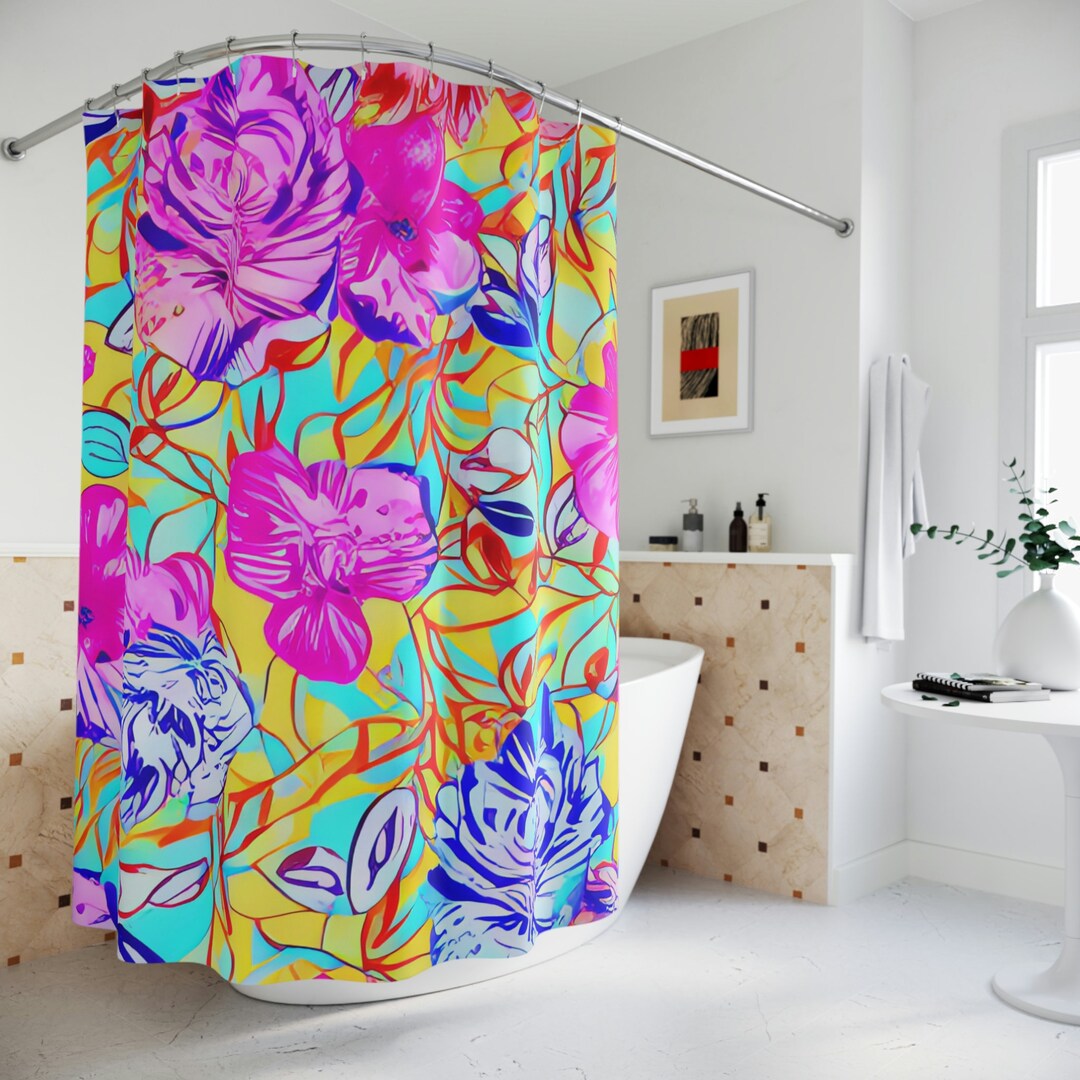 Boho Floral Shower Curtain AI Art Print, Modern Bathroom Decor, Abstract Art, Boho Art, Flower ...