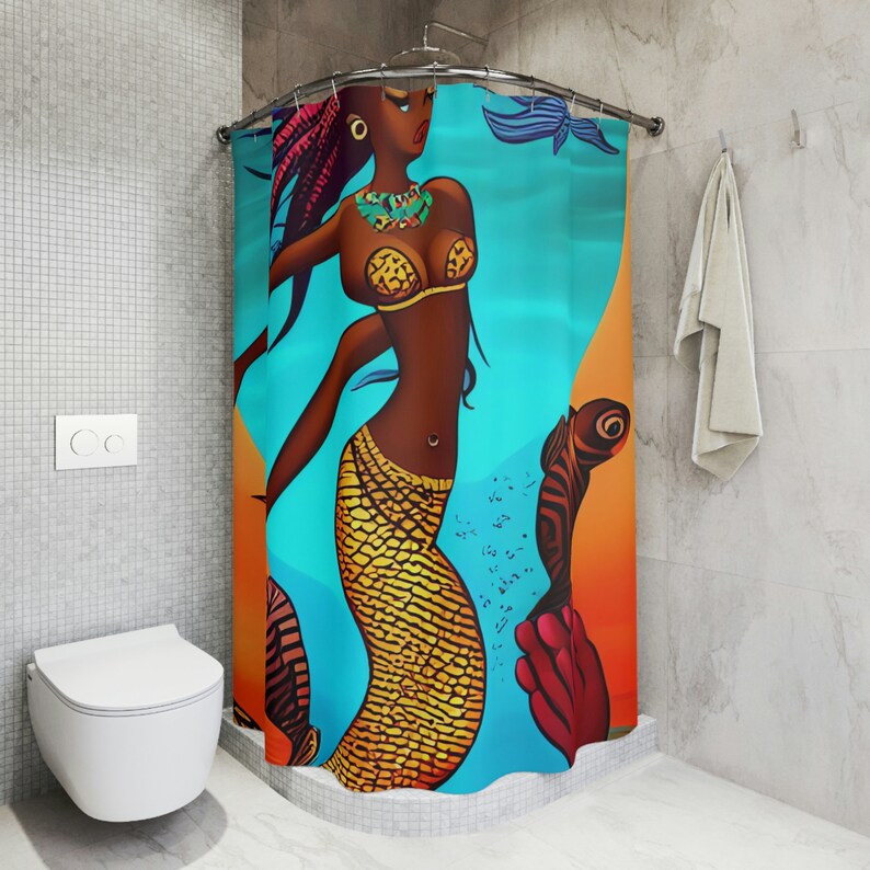 African Mermaid Shower Curtain AI Art Design Print, Ocean Art, Modern