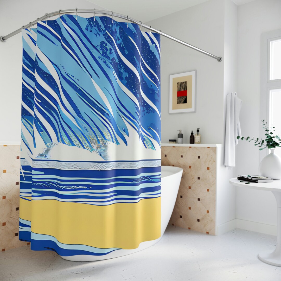 Ocean Waves Shower Curtain AI Art Print, Modern Bathroom Decor, Abstract Art, Tropical Shower