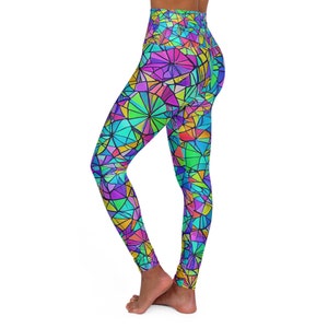 Colorful Neon Geometric High Waisted Yoga Leggings (AOP) - AI Art, Yoga Pants, Modern Geometric Design