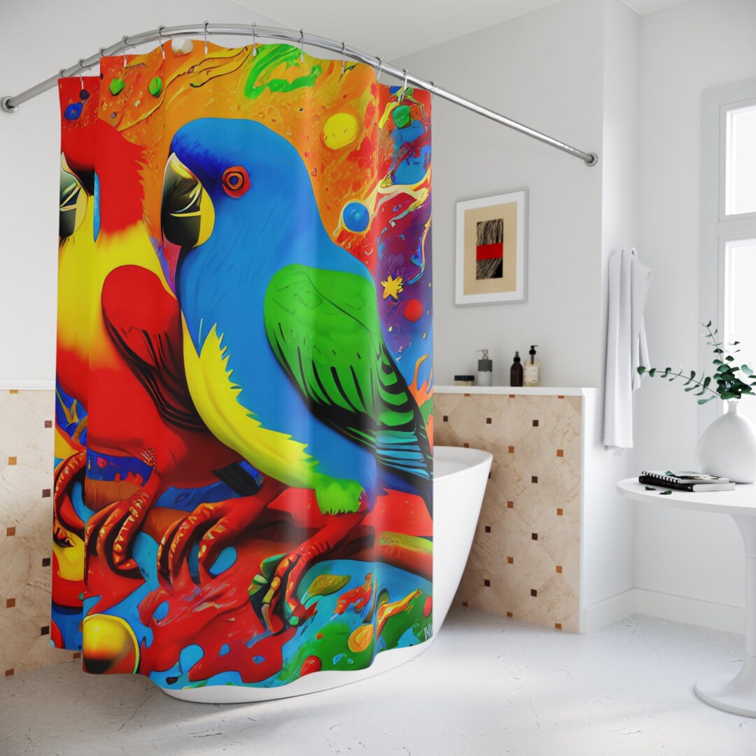 Retro Parrots Shower Curtain AI Art Print, Modern Bathroom Decor