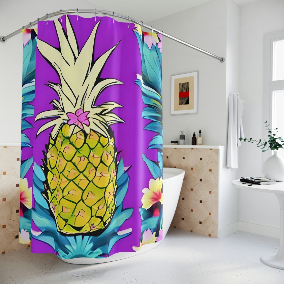 Hawaiian Pineapple Shower Curtain AI Art Design Print, Hawaiian Shower