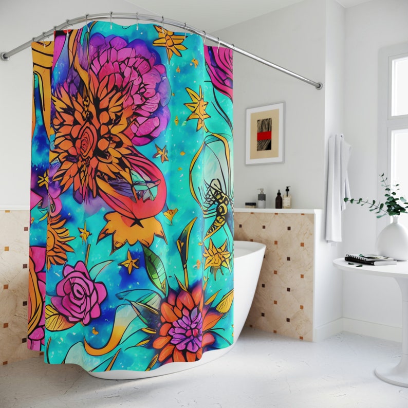 Boho Floral Shower Curtain AI Art Print, Modern Bathroom Decor