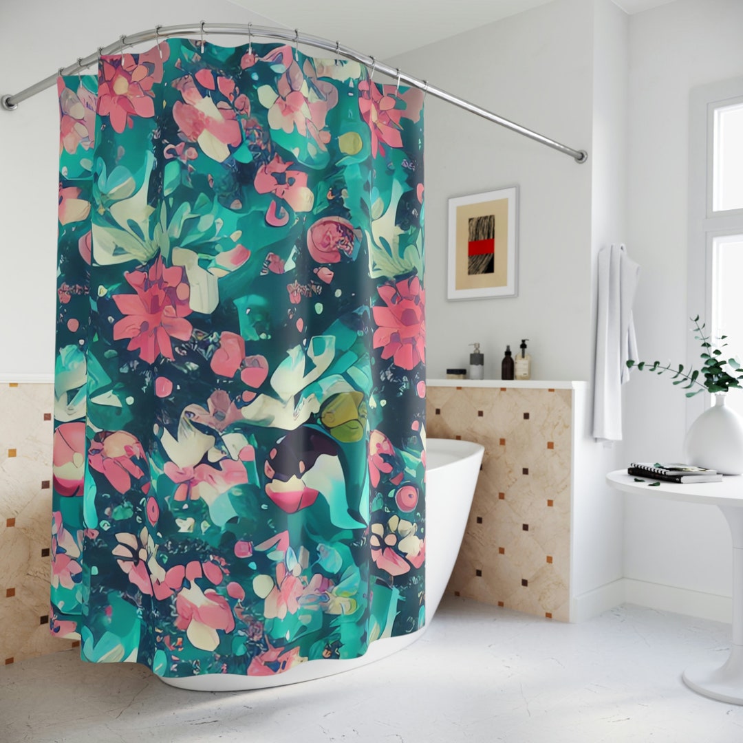 Boho Floral Shower Curtain AI Art Print, Modern Bathroom Decor