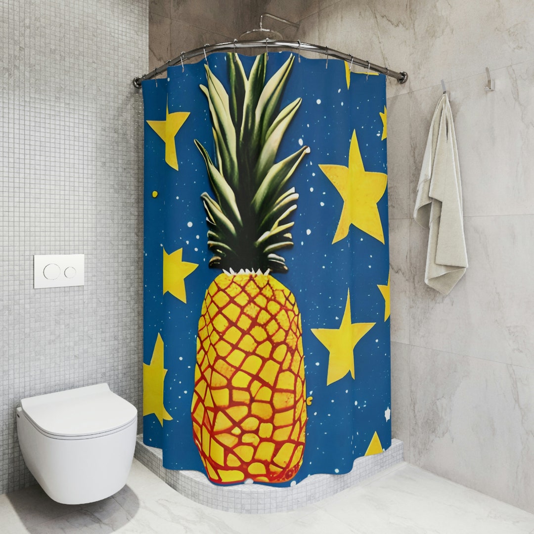 Pineapple Shower Curtain AI Art Design Print, Hawaiian Shower Curtain