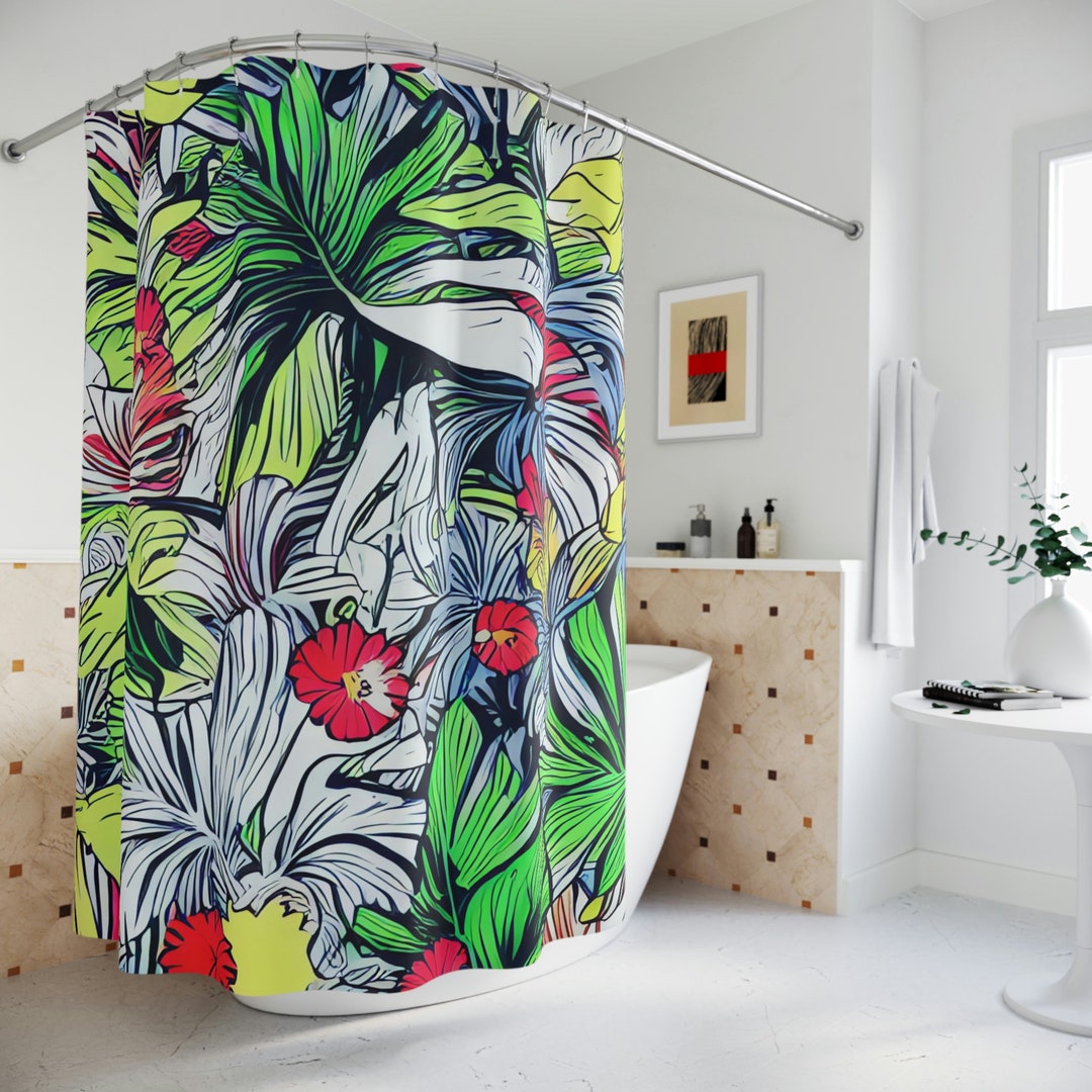 Monstera Shower Curtain AI Art Print, Modern Bathroom Decor, Abstract ...