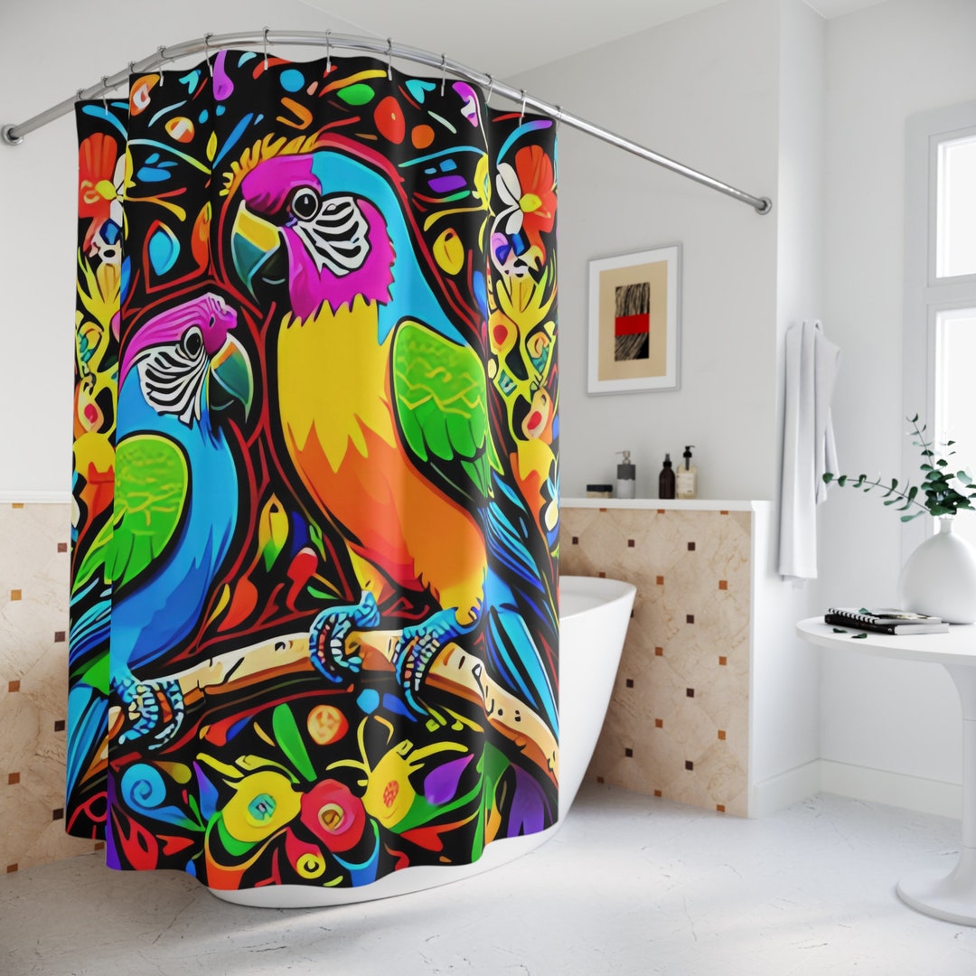 Retro Parrots Shower Curtain AI Art Print, Modern Bathroom Decor