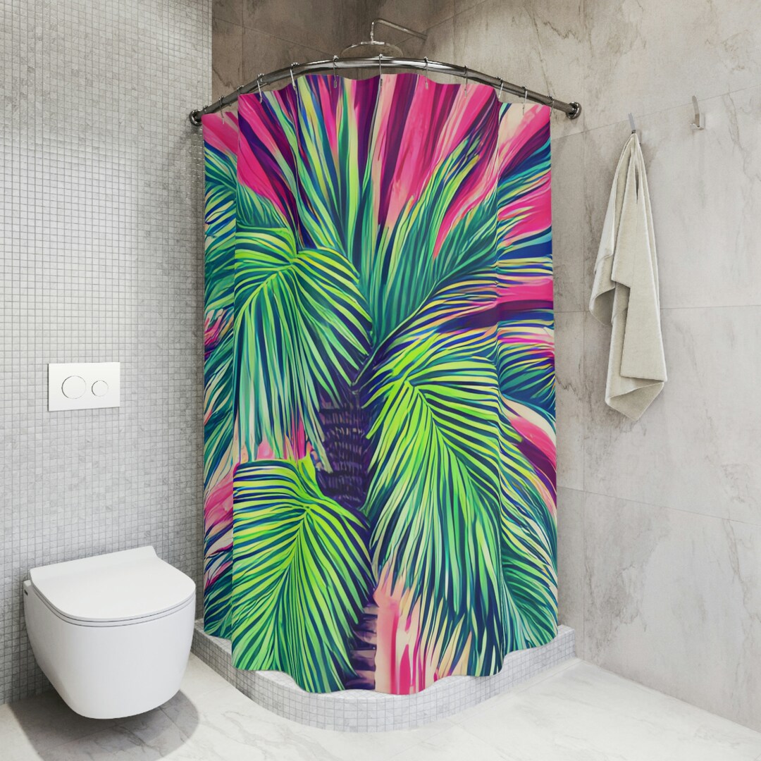 Neon Palm Trees Shower Curtain AI Art Design Print, Modern Bathroom