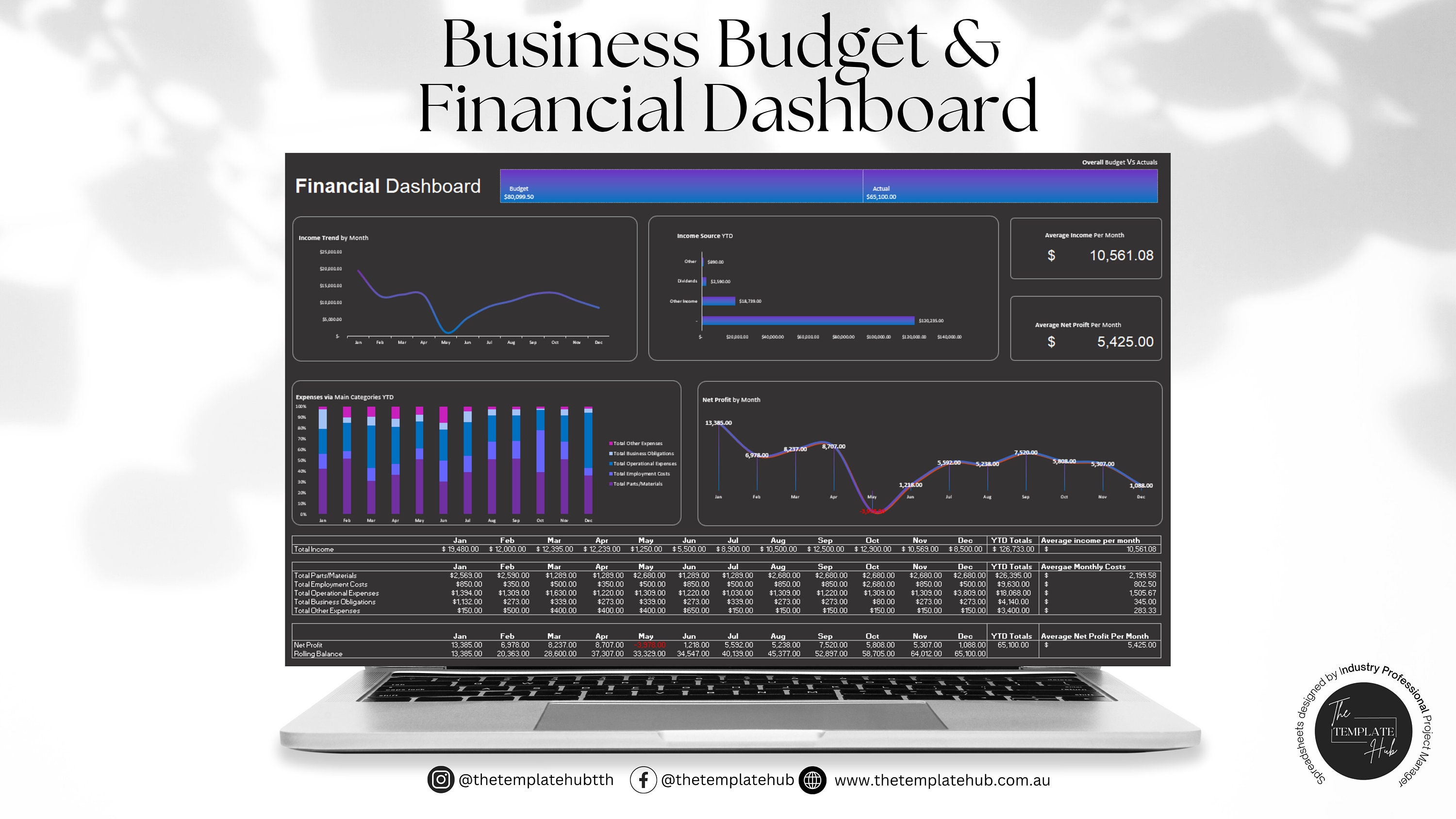 Financial Dashboard, Annual Business Budget, Income & Expenses, Business Cashflow, Business Financials, Excel Spreadsheet