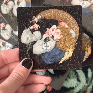 May include: Square sticker with an illustration of two figures in a passionate embrace, set against a dark, patterned background. The text on the sticker reads "To The Love I Left my Conscione Pressed Between The Pages Of The Bible In The Drawer."