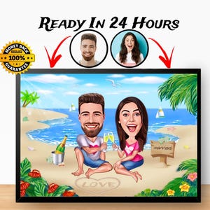 Paar Strand Thema Cartoon Portrait, Urlaubsportrait, Paar Geschenk, Urlaubskarikatur, Familienportrait, Reisecartoon