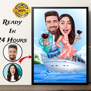 Personalisiertes Reisepaar Cartoon Portrait vom Foto, Urlaubspaar Karikatur Zeichnung, Geburtstagsgeschenk