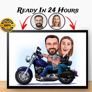 Personalisiertes Motorradpaar Cartoon Portrait, Bikerpaar Karikatur Zeichnung, Motorradpaar Portrait, Geschenk für Paar