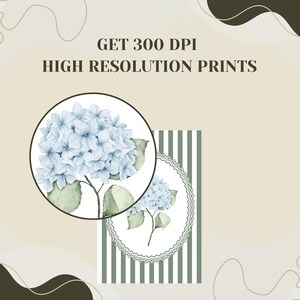 Może przedstawiać: Ilustracja akwarelowa niebieskiego kwiatu hortensji. Obraz zawiera tekst "GET 300 DPI HIGH RESOLUTION PRINTS". Kwiat jest umieszczony na neutralnym tle z paskowanym wzorem.