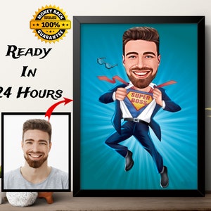 Presente para chefe masculino, desenho de caricatura de chefe a partir de foto, retrato de caricatura personalizado de desenho animado engraçado, arte de caricatura digital personalizada para mim