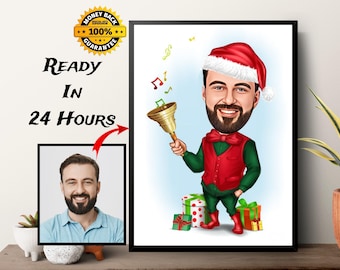 May include: A digital caricature of a person wearing a red Santa hat and a red vest, holding a gold bell. The person is standing on a platform with wrapped gifts. The background is a white wall with musical notes.