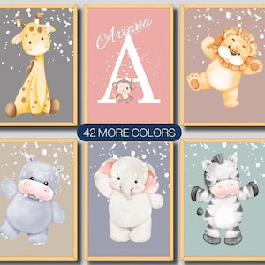 Set of 6 Jungle Animal Nursery Decor Wall Art Print| Personalized name| Safari Nursery Decor| Lion, Elephant, Giraffe| Child Kids Printable