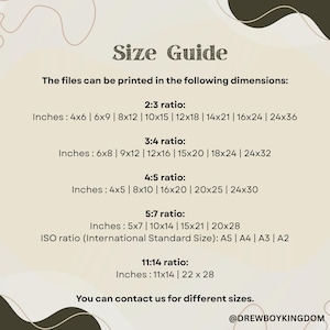 Może przedstawiać: Beżowa grafika z tekstem "Size Guide" i wymiarami druku w calach dla r&oacute;żnych proporcji, w tym 2:3, 3:4, 4:5, 5:7 i 11:14. Wymienione są r&oacute;wnież formaty ISO A5, A4, A3 i A2. Grafika zawiera uchwyt Instagram @DREWBOYKINGDOM.